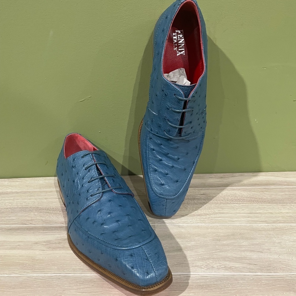 Fennix Italy Denim Blue Men's Dress Shoes Oxford Genuine Ostrich